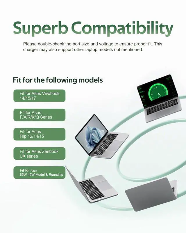 Alt view image 3 of 7 - Charger Fit for Asus Laptop with Round Port - Fit for Vivobook, Zenbook & More Replacement, 65W/45W/33W, LED Indicator, 7.5Ft Power Cable