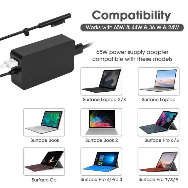Alt view image 2 of 7 - 65W Charger for Microsoft Surface Pro 11/10/9/8/7+, Surface Laptop 7/6/5 & Surface Book/Go 6.2FT Long Power Cord, Compatible with 44W/36W Model