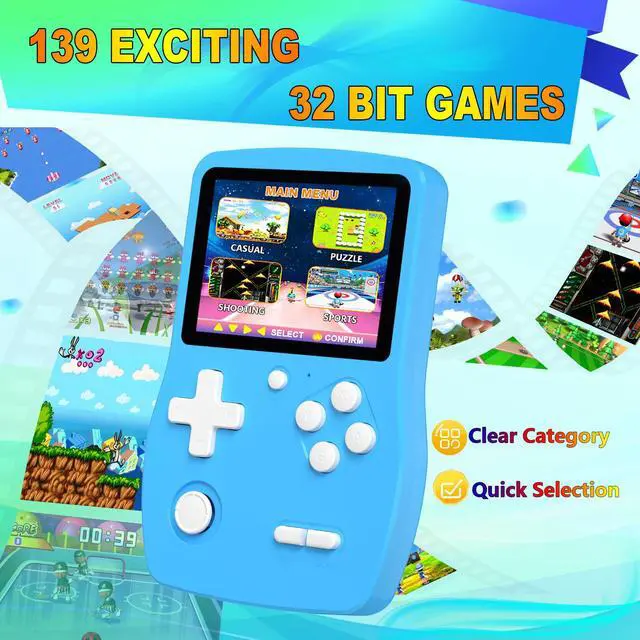 Alt view image 2 of 7 - 32 Bit Handheld Games for Kids Preloaded 139 Video Games, Portable Video Gaming Player with 3.0" IPS Screen and Rechargeable Battery, Mini Travel Games Electronic Gifts Toys for Boys Girls, Blue