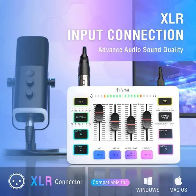 Alt view image 2 of 7 - Audio Mixer, Gaming Streaming PC Mixer with Slider Fader, XLR Microphone Interface, Monitoring, for Video/Game Voice/Podcast Recording-AmpliGame SC3W