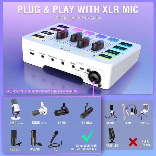 Alt view image 7 of 7 - Audio Mixer, Gaming Streaming PC Mixer with Slider Fader, XLR Microphone Interface, Monitoring, for Video/Game Voice/Podcast Recording-AmpliGame SC3W