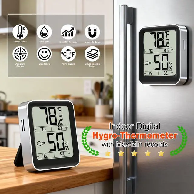 Alt view image 2 of 7 - Room Thermometer Indoor Hygrometer Digital Temperature and Humidity Sensor Meter Humidity Monitor with Max/Min Records - AAA Battery Included