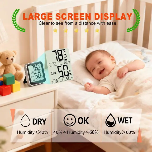 Alt view image 3 of 7 - Room Thermometer Indoor Hygrometer Digital Temperature and Humidity Sensor Meter Humidity Monitor with Max/Min Records - AAA Battery Included