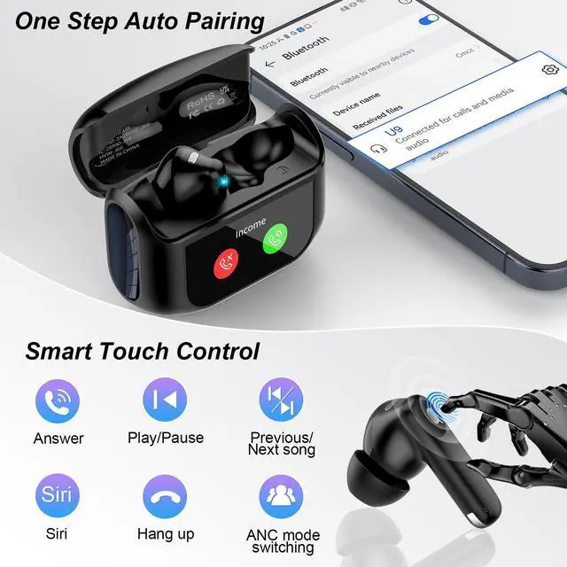 Alt view image 7 of 7 - Wireless Earbuds, Bluetooth 5.4 Headphones Multi-Function Touch Screen | with 5 EQ Modes, 48H Ear Buds Bass Stereo with ANC Noise Cancelling/Transparency Mode, IPX7 Bluetooth Earbuds for Android/iOS