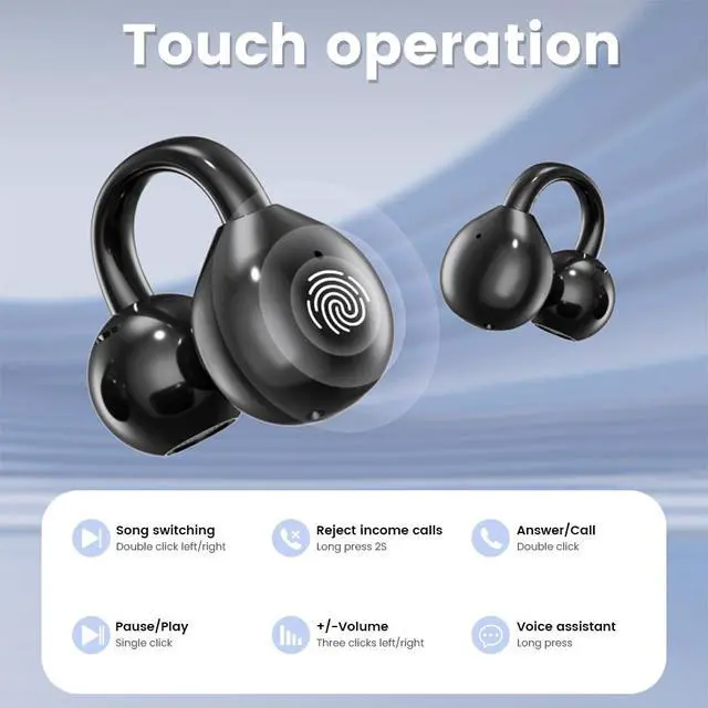Alt view image 2 of 7 - Clip-on Earbuds, Open Ear Earbuds with LCD Touchscreen Wireless Bluetooth 5.4, Lightweight M100 Open Ear Headphones with C-Shaped Bridge, Slim Hook,48H Battery, for Sports, Fitness (Purple)