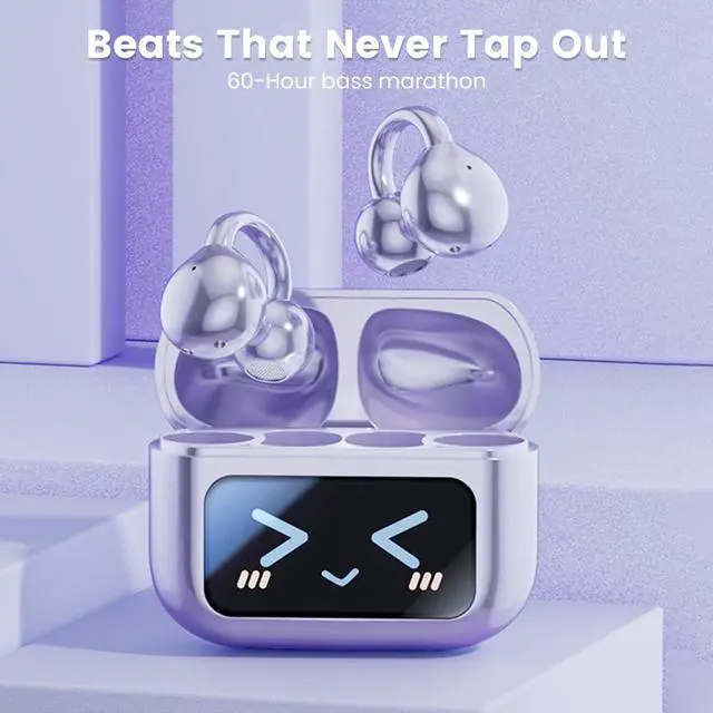 Alt view image 4 of 7 - Clip-on Earbuds, Open Ear Earbuds with LCD Touchscreen Wireless Bluetooth 5.4, Lightweight M100 Open Ear Headphones with C-Shaped Bridge, Slim Hook,48H Battery, for Sports, Fitness (Purple)