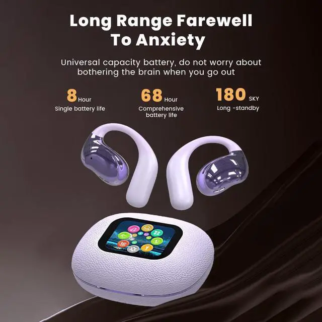 Alt view image 5 of 7 - Open Ear Earbuds Ultra Comfort Wireless Bluetooth 5.4 Headphones Over The Ear Earbuds with Intelligent Touch Screen EarHooks IPX7 Waterproof Bone Conduction Earphones for Fitness Sports-Purple