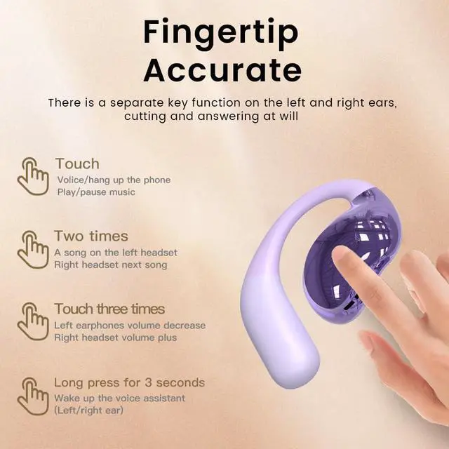 Alt view image 6 of 7 - Open Ear Earbuds Ultra Comfort Wireless Bluetooth 5.4 Headphones Over The Ear Earbuds with Intelligent Touch Screen EarHooks IPX7 Waterproof Bone Conduction Earphones for Fitness Sports-Purple