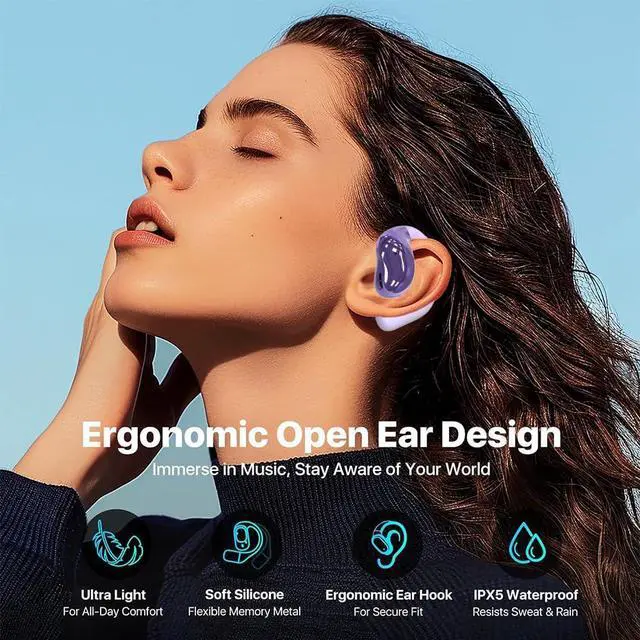 Alt view image 7 of 7 - Open Ear Earbuds Ultra Comfort Wireless Bluetooth 5.4 Headphones Over The Ear Earbuds with Intelligent Touch Screen EarHooks IPX7 Waterproof Bone Conduction Earphones for Fitness Sports-Purple