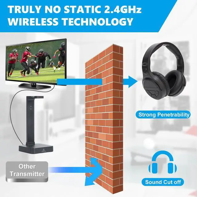 Alt view image 7 of 7 - Wireless Headphones for TV Watching with Digital Optical RCA | 2.4 GHz RF Transmitter Charging Dock, Over Ear Headset with 3 Audio Modes, 197 FT Wireless Range, 10 Hrs Audio Playtime