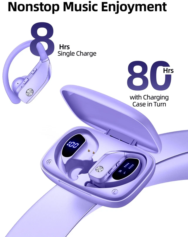 Alt view image 2 of 6 - Wireless Earbuds Bluetooth Headphones Over Ear Hooks Ear Buds with 80H Playtime, LED Power Display, Dual Mic Clear Calls, Sports Wireless Ear Buds Bluetooth Earbuds for Running Gym Workout (Purple)