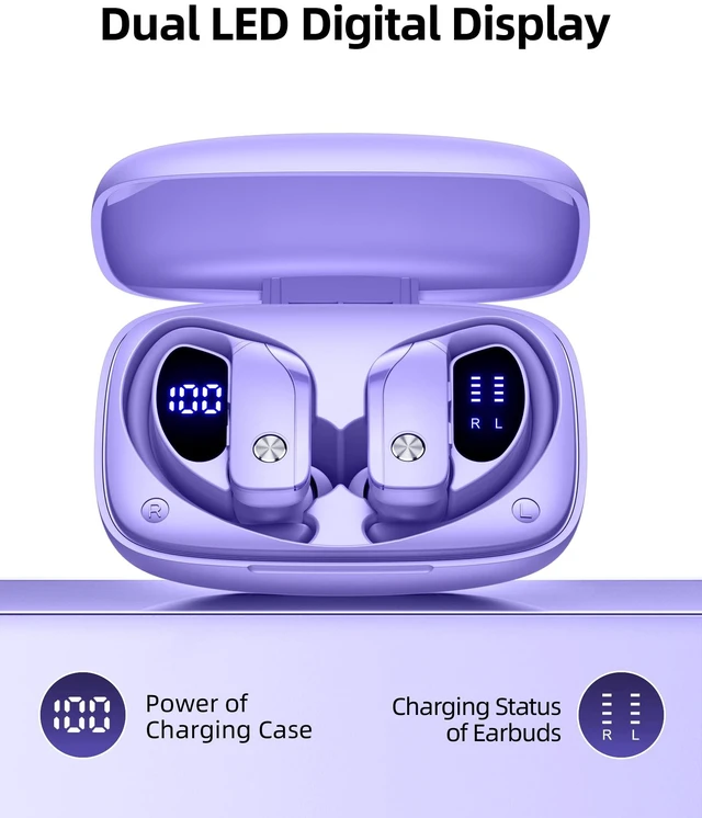 Alt view image 3 of 6 - Wireless Earbuds Bluetooth Headphones Over Ear Hooks Ear Buds with 80H Playtime, LED Power Display, Dual Mic Clear Calls, Sports Wireless Ear Buds Bluetooth Earbuds for Running Gym Workout (Purple)