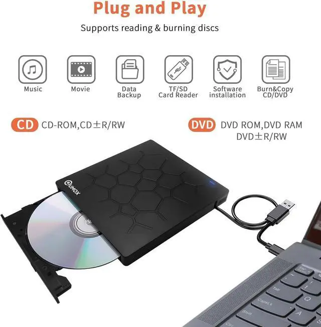 Alt view image 2 of 7 - External DVD CD Burner, External CD DVD Drive, USB 3.0 with 4 USB Ports and 2 TF/SD Card Readers, Ultra Slim External CD/DVD Drive for Mac Laptop, Windows 11/10/8/7 PC, Linux OS