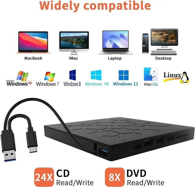 Alt view image 3 of 7 - External DVD CD Burner, External CD DVD Drive, USB 3.0 with 4 USB Ports and 2 TF/SD Card Readers, Ultra Slim External CD/DVD Drive for Mac Laptop, Windows 11/10/8/7 PC, Linux OS
