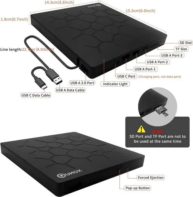 Alt view image 5 of 7 - External DVD CD Burner, External CD DVD Drive, USB 3.0 with 4 USB Ports and 2 TF/SD Card Readers, Ultra Slim External CD/DVD Drive for Mac Laptop, Windows 11/10/8/7 PC, Linux OS