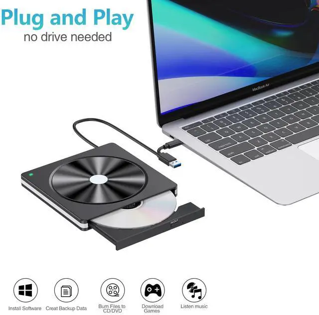 Alt view image 4 of 7 - External CD/DVD Drive for Laptop, USB 3.0 CD DVD +/-RW Burner CD ROM External DVD Drive CD Reader DVD Player for Laptop PC Mac MacBook Desktop Windows 11/10/8.1/7 Linux Blackwhite