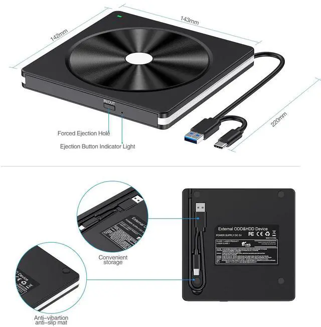 Alt view image 5 of 7 - External CD/DVD Drive for Laptop, USB 3.0 CD DVD +/-RW Burner CD ROM External DVD Drive CD Reader DVD Player for Laptop PC Mac MacBook Desktop Windows 11/10/8.1/7 Linux Blackwhite