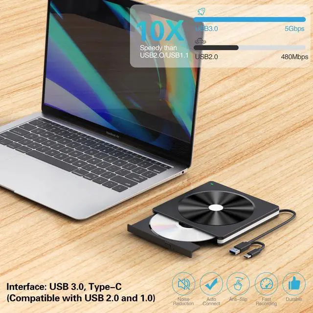 Alt view image 6 of 7 - External CD/DVD Drive for Laptop, USB 3.0 CD DVD +/-RW Burner CD ROM External DVD Drive CD Reader DVD Player for Laptop PC Mac MacBook Desktop Windows 11/10/8.1/7 Linux Blackwhite