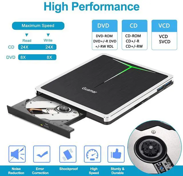 Alt view image 4 of 7 - External DVD Drive for PC: USB-C CD Burner Player for Laptop Mac Windows 11 with SD/TF Slot/2 USB Ports/Carrying Case Read Write Music/Movie/Photo Portable Plug & Play