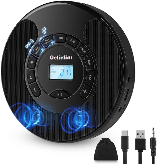 Main image of Portable CD Player for Car, Rechargeable Personal CD Player with FM Transmitter, Bluetooth Transmitter & Receiver, Dual Stereo Speakers, AUX Output, Anti Skip, MP3 CD/CD-R/RW Disc Player