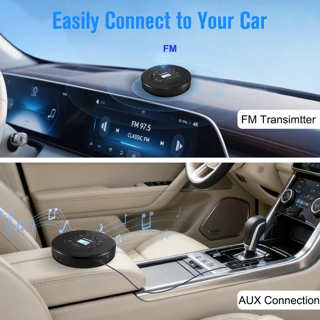 Alt view image 2 of 7 - Portable CD Player for Car, Rechargeable Personal CD Player with FM Transmitter, Bluetooth Transmitter & Receiver, Dual Stereo Speakers, AUX Output, Anti Skip, MP3 CD/CD-R/RW Disc Player