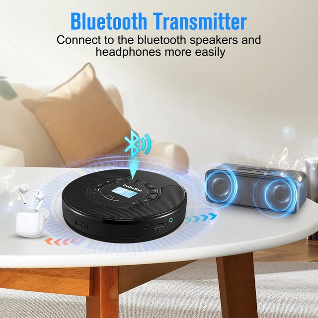 Alt view image 3 of 7 - Portable CD Player for Car, Rechargeable Personal CD Player with FM Transmitter, Bluetooth Transmitter & Receiver, Dual Stereo Speakers, AUX Output, Anti Skip, MP3 CD/CD-R/RW Disc Player