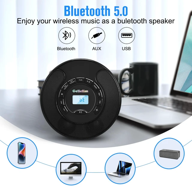 Alt view image 4 of 7 - Portable CD Player for Car, Rechargeable Personal CD Player with FM Transmitter, Bluetooth Transmitter & Receiver, Dual Stereo Speakers, AUX Output, Anti Skip, MP3 CD/CD-R/RW Disc Player