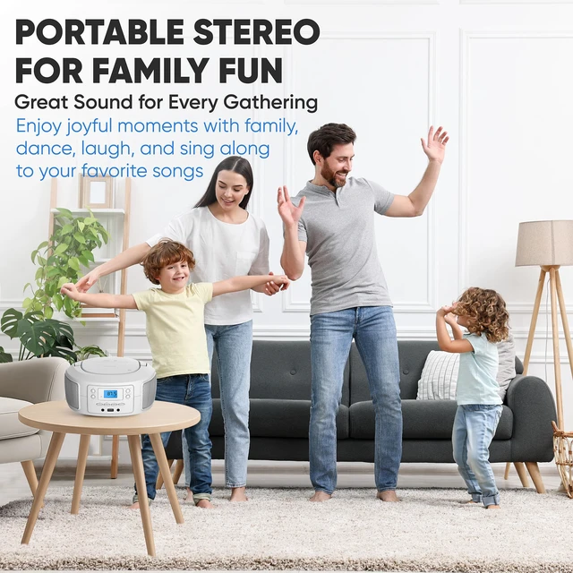 Alt view image 7 of 7 - CD Player Portable with Bluetooth, Crystal Clear Sound Top Loading CD Boombox with FM Radio, USB Port & Aux Input, Compact & Lightweight Design,R/CD-RW/MP3 Compatible (White)