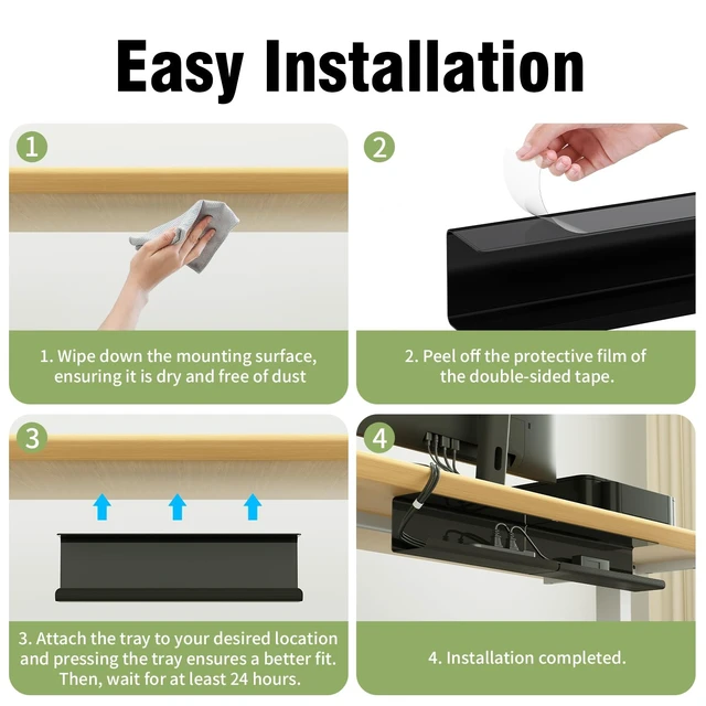 Alt view image 4 of 6 - 2 Pack No-Screw Cable Management Under Desk, Self-Adhesive Cord Organizer, Wire Management Tray for Office and Home (Black)