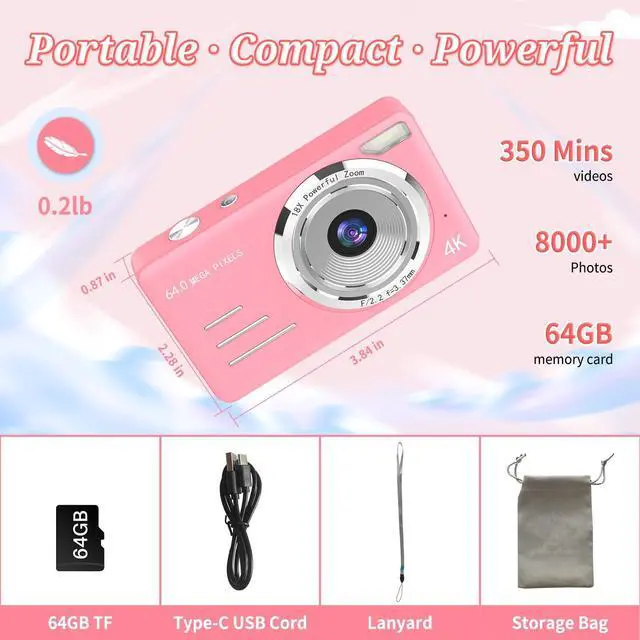 Alt view image 7 of 7 - Digital Camera, FHD 4K 64MP Point and Shoot Kids Digital Camera with 64GB Card,18X Zoom, Anti Shake, Compact Small Cameras for Kids Gifts for Teens Girls Boys
