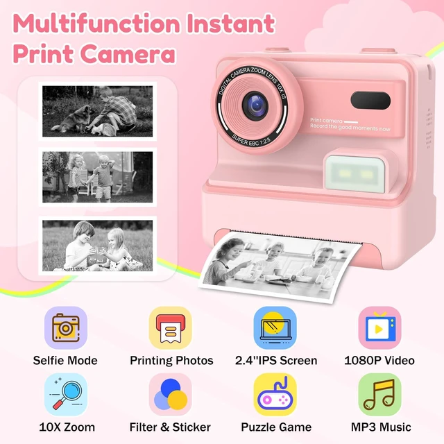 Alt view image 2 of 7 - Kids Camera Instant Print, Christmas Birthday Gifts for Girls Age 3-12, Dual-Lens Selfie Camera for Kids with 1080P Videos, 2.4 Inch Screen, 32GB SD Cards & 3 Rolls Print Paper