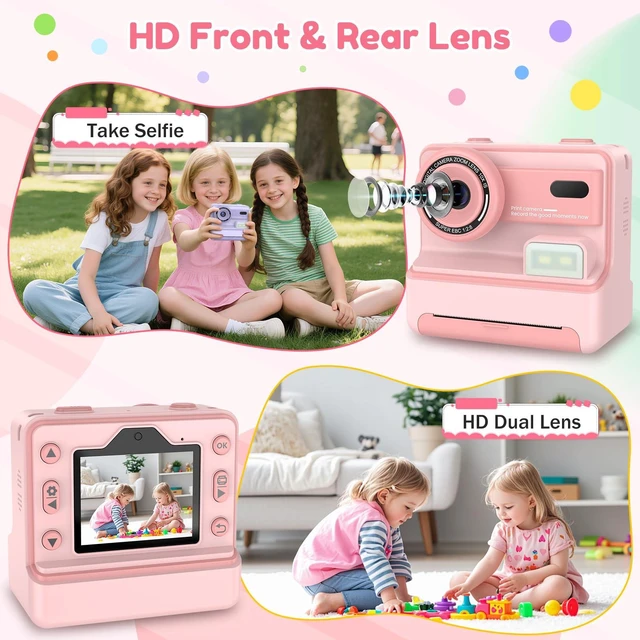 Alt view image 5 of 7 - Kids Camera Instant Print, Christmas Birthday Gifts for Girls Age 3-12, Dual-Lens Selfie Camera for Kids with 1080P Videos, 2.4 Inch Screen, 32GB SD Cards & 3 Rolls Print Paper