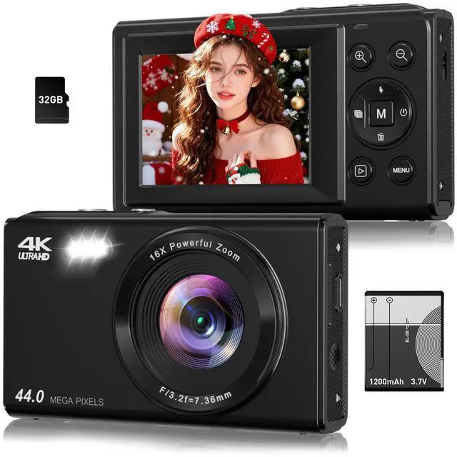 Main image of Digital Camera, 4K 44MP Autofocus Point and Shoot Camera with 16X Zoom 2.4" LCD Portable Compact Camera for Kids Teens Boys Girls Adults