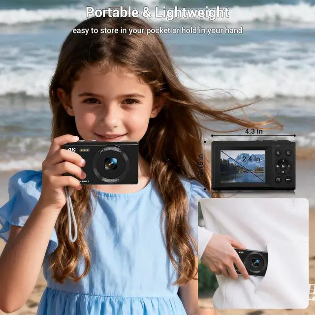 Alt view image 7 of 7 - Digital Camera, 4K 44MP Autofocus Point and Shoot Camera with 16X Zoom 2.4" LCD Portable Compact Camera for Kids Teens Boys Girls Adults