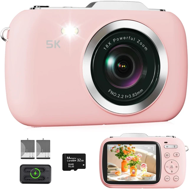 Main image of Digital Camera 5K 80MP 18X Zoom UHD Autofocus Video Camara 2.8" LCD Vlogging Camera for Kids, Compact with Flash, 32GB Card & 2 Batteries, Christmas Birthday for Teens, Kids & Girls, Pink