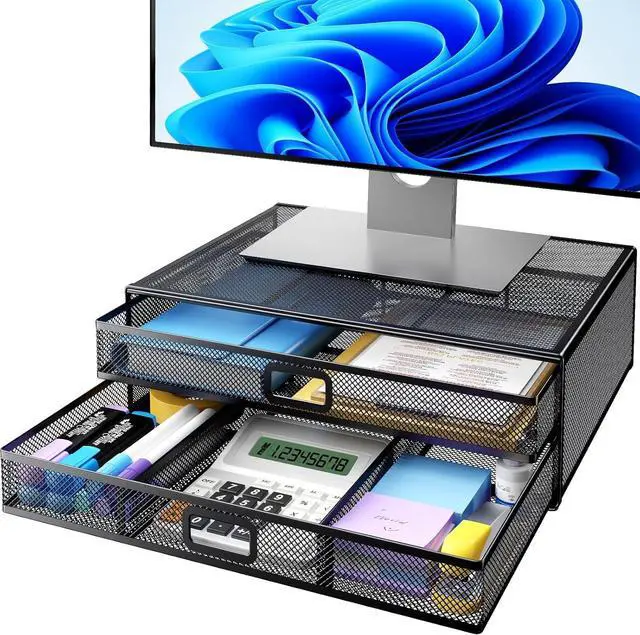 Main image of 2 Tier Monitor Stand, Metal Monitor Riser with Drawer, Desk Organizer, Monitor Stand with Storage, Desktop Computer Stand for PC, Laptop, Printer