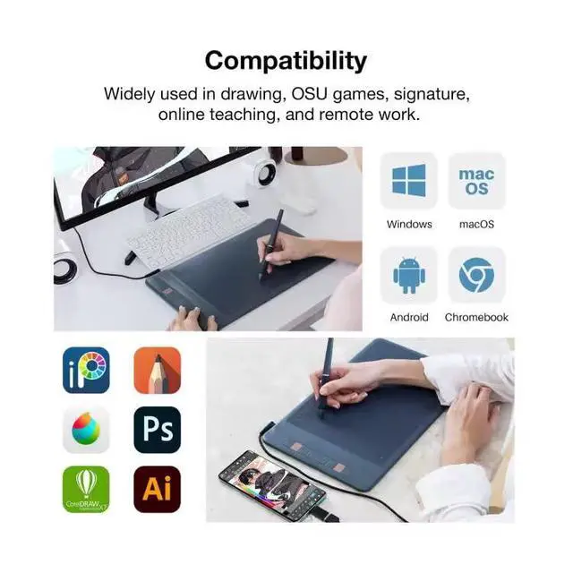 Alt view image 5 of 7 - A1201 Graphics Drawing Tablet Compatible with Android Phone,10x6 Inch Digital Drawing Tablet with 8192 Level Battery-Free Stylus, Supports Tilt,8 Hot Keys, Works with Win, Mac and Android