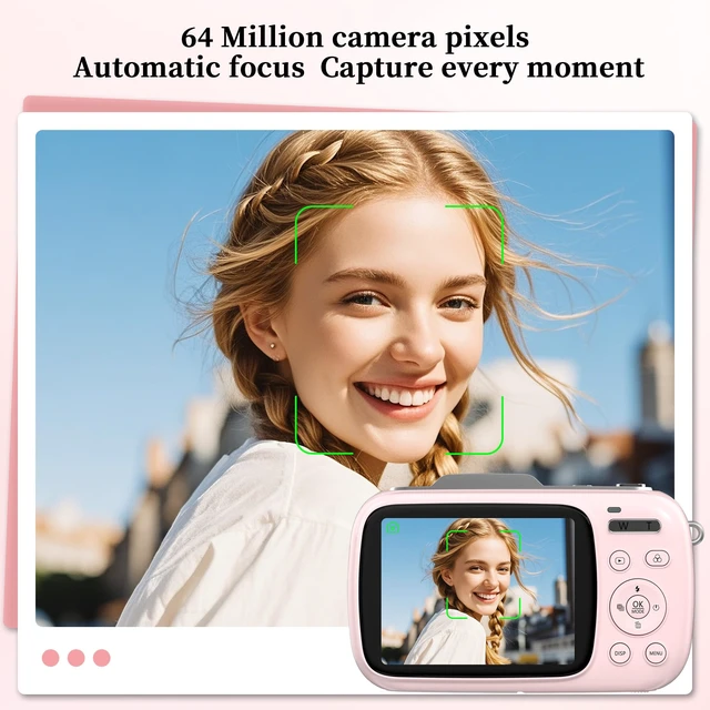 Alt view image 3 of 7 - 4K Compact Digital Camera: 64MP Point and Shoot Cameras for Photography 18X Zoom Portable Small Vlogging Digicam with 32GB TF Card 2 Batteries for Beginners Teens Students Pink