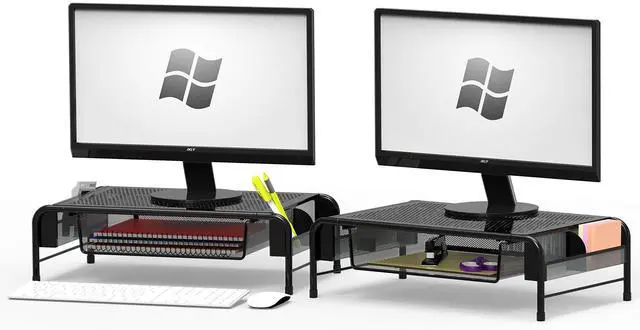 Main image of Metal Desk Monitor Stand Riser with Organizer Drawer, Black, 2 Packs
