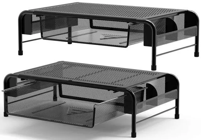 Alt view image 2 of 7 - Metal Desk Monitor Stand Riser with Organizer Drawer, Black, 2 Packs