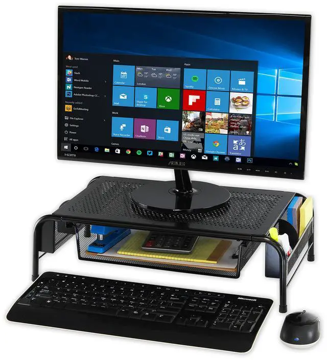 Alt view image 7 of 7 - Metal Desk Monitor Stand Riser with Organizer Drawer, Black, 2 Packs