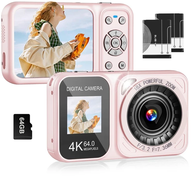 Main image of Digital Camera, 4K 64MP Dual Screens Camera, 18X Zoom, Point and Shoot Digital Camera with 64GB TF Card & 2 Batteries, Portable Rechargeable Small Camera for Kids Teens Adult (Pink)
