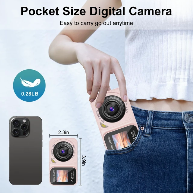 Alt view image 3 of 7 - Digital Camera, 4K 64MP Dual Screens Camera, 18X Zoom, Point and Shoot Digital Camera with 64GB TF Card & 2 Batteries, Portable Rechargeable Small Camera for Kids Teens Adult (Pink)