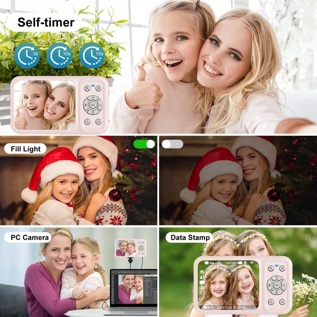 Alt view image 6 of 7 - Digital Camera, 4K 64MP Dual Screens Camera, 18X Zoom, Point and Shoot Digital Camera with 64GB TF Card & 2 Batteries, Portable Rechargeable Small Camera for Kids Teens Adult (Pink)