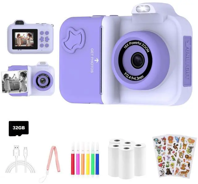 Main image of Kids Camera Instant Print, Christmas Birthday Gifts Toys for Girls Boys Age 4 5 6 7 8 9 10 11 12 Years Old,1080P HD Dual-Lens Selfie Digital Camera with 5 Rolls Print Paper Stickers Pens & 32G Card