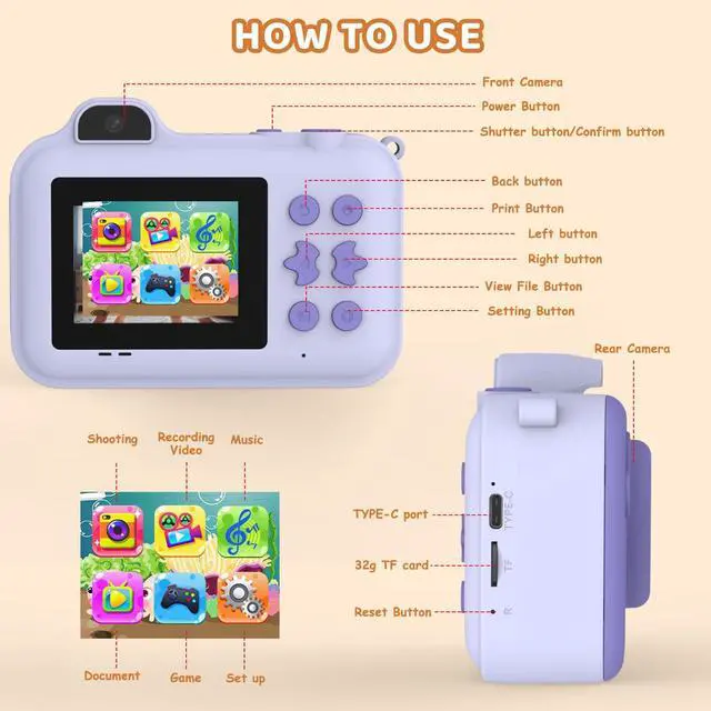 Alt view image 7 of 7 - Kids Camera Instant Print, Christmas Birthday Gifts Toys for Girls Boys Age 4 5 6 7 8 9 10 11 12 Years Old,1080P HD Dual-Lens Selfie Digital Camera with 5 Rolls Print Paper Stickers Pens & 32G Card