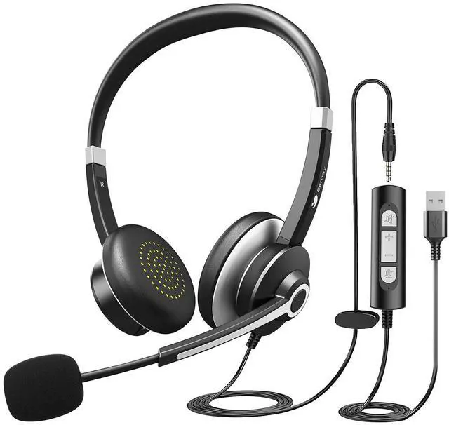 Main image of USB Headset with Microphone for PC, Computer Headset with Microphone Noise Cancelling for Laptop, 3.5mm Jack On-Ear Wired Headphones with Mic, Volume Control for Call Center/Skype/Zoom/Webinar