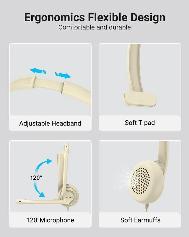 Alt view image 4 of 7 - HW02 USB Headset with Microphone Noise Cancelling &in-line Control, Ultra Comfort Computer Headset for Laptop pc, On-Ear Wired Office Call Center Headphone for Boom Skype Webinars (Apricot)