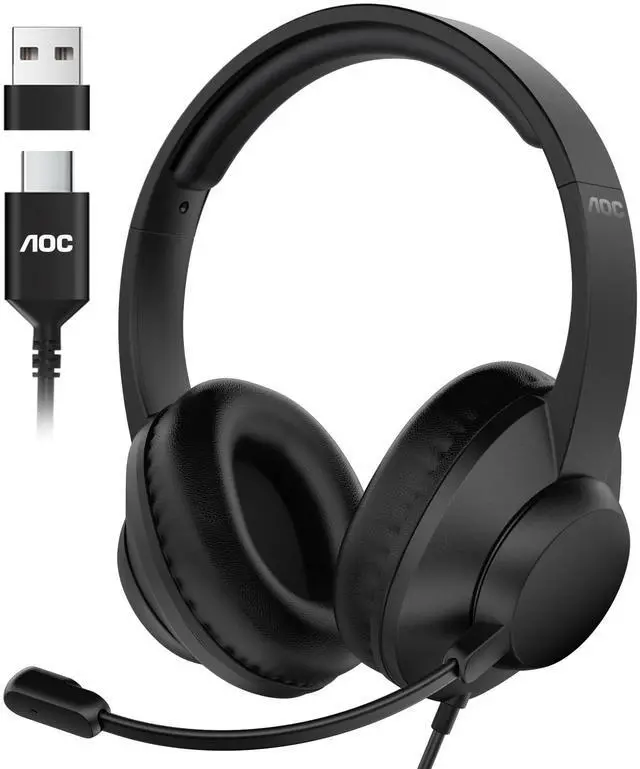 Main image of USB Headset with Microphone for PC, Over-Ear Wired Headphones with Mic, Noise-Cancelling Boom, 40mm Audio Drivers, USB-A/C Compatibility for Office, Call Centers & Online Meetings (Black)