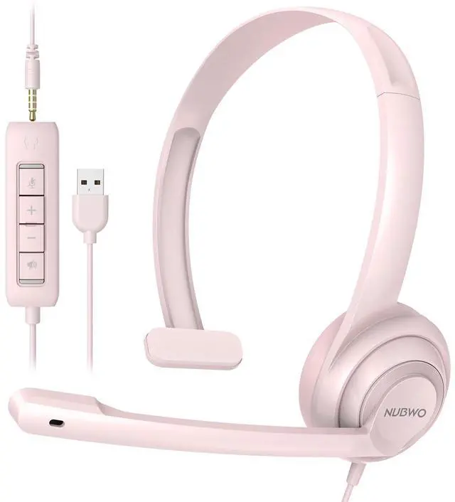 Main image of HW02 USB Headset with Microphone Noise Cancelling &in-line Control, Ultra Comfort Computer Headphones for Laptop pc, On-Ear Wired Office Call Center Headset for Boom Skype Webinars (Pink)